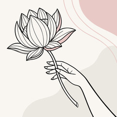 Vector art of elegant hand holding a lotus flower on a minimalist background, , conveying peace, beauty, and serenity in a simple yet sophisticated design