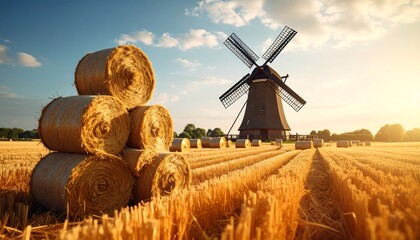 Golden field with hay bales and windmill