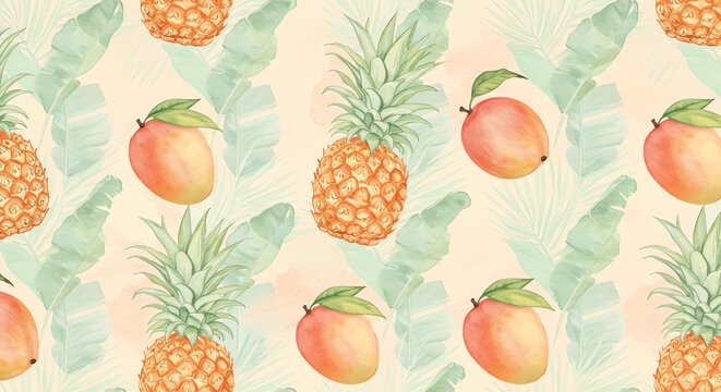 Seamless pattern of pineapple mango fruit