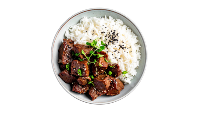 Close up of Black Pepper Beef with Rice on a Bowl, Isolated on Transparent Background, Top View