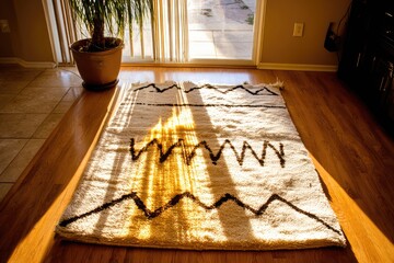 Sunlit rug on light wood floor
