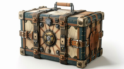 Ornate steampunk vintage travel trunk with leather straps, brass latches, and intricate mechanism on a white background.