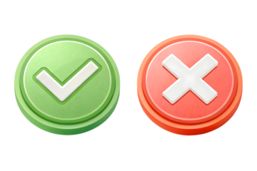 Green check mark and red cross sign isolated on white or transparent background