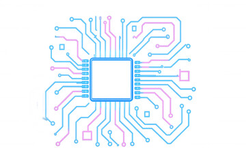Computer circuit board with glowing neon lines and central processing unit creating a modern electronic technology theme