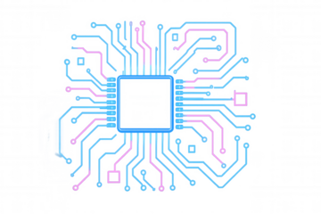 Computer circuit board with glowing neon lines and central processing unit creating a modern electronic technology theme