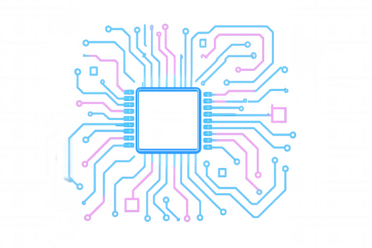 Computer circuit board with glowing neon lines and central processing unit creating a modern electronic technology theme