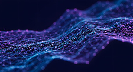 A complex network of connected nodes and lines undulates across a deep blue gradient background, creating a futuristic and visually captivating display of interconnectedness, suggesting data flow or