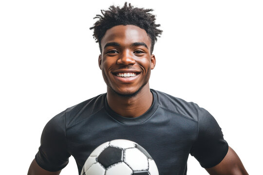 Young black man smiling holding soccer ball isolated on transparent background. Happy young african basketball player isolated on white background.