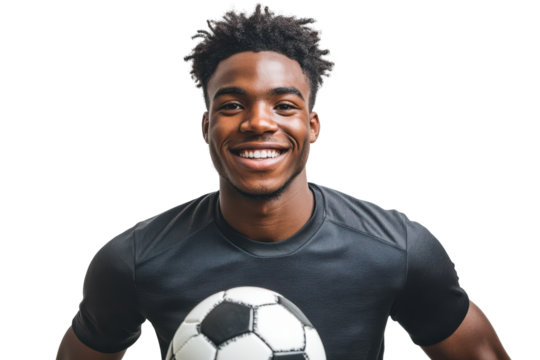 Young black man smiling holding soccer ball isolated on transparent background. Happy young african basketball player isolated on white background.