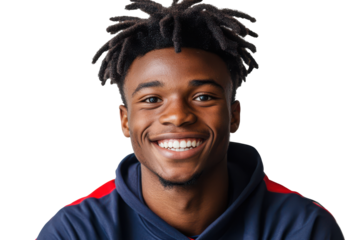 Young black man smiling with dreadlocks isolated on transparent background. Happy young african football player isolated on white background.