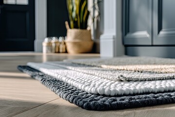 Stacked rugs on light wood floor, entryway