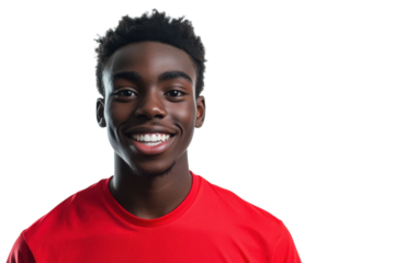 Young man smiling wearing red shirt isolated on transparent background. Happy young african football player isolated on white background.