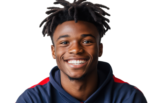Young black man smiling with dreadlocks isolated on transparent background. Happy young african football player isolated on white background.