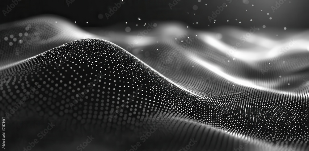 Poster abstract data points form wavy lines creating a technological landscape.