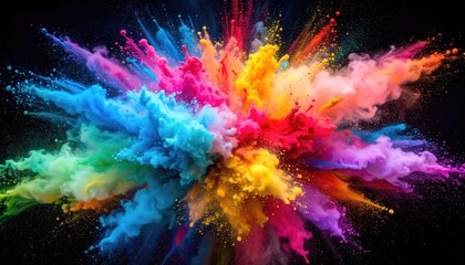 Colorful Powder Explosion Against a Dark Background with Vibrant Blues Yellows Oranges and Pinks Creates a Dynamic and Energetic Abstract Composition