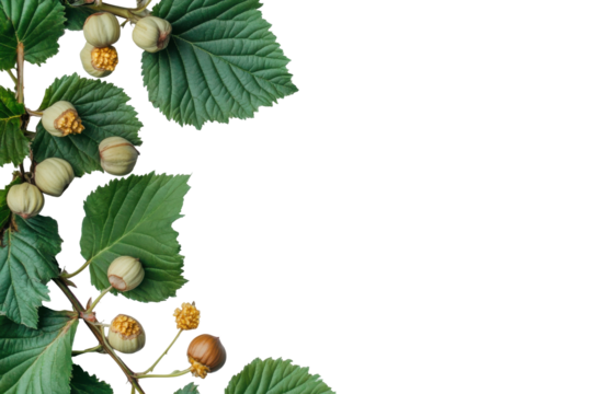 Fresh hazelnuts on a branch isolated on transparent background. Hazelnuts with leaves isolated on white background. - Powered by Adobe