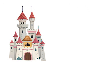 Fototapeta premium Fairytale castle illustration with pink and white towers isolated on transparent background