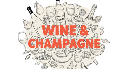 Elegant wine and champagne celebration design featuring hand-drawn bottles, glasses, and gourmet food perfect for upscale events and sophisticated promotions