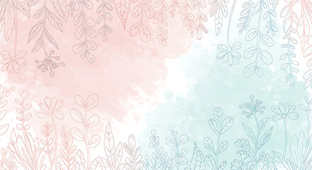 Plant doodle background with line drawing and soft watercolor texture