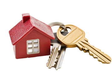 Red house model with keys isolated on transparent background. House key isolated on white background.