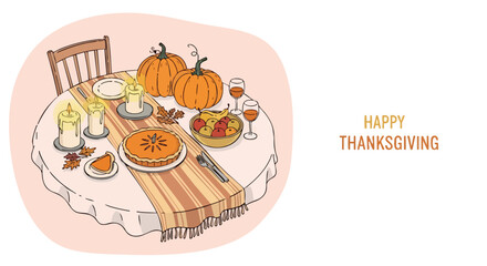 Cozy Thanksgiving table setting with pie, pumpkins, and candles creating a warm, inviting atmosphere for family gatherings and seasonal celebrations