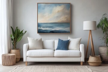 A serene seascape painting hangs above a light-colored sofa, creating a tranquil atmosphere in a modern living room.