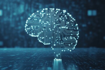 Glowing blue circuit board shaped like a human brain on a dark digital background technology