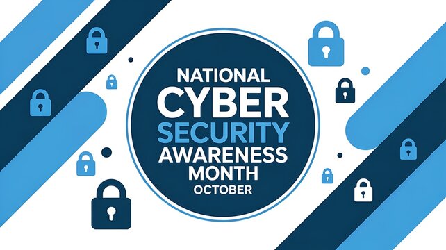 National cyber security awareness month october graphic with blue background and padlock icons representing data protection and digital safety