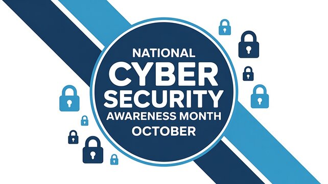 National cybersecurity awareness month october graphic with padlocks and blue diagonal stripes symbolizing protection and digital security