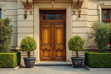 Fototapeta premium Limestone home entrance with a brown door framed by green hedges