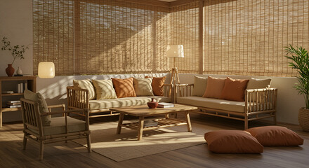 A minimalist living room with handcrafted bamboo furniture, soft earth-toned cushions, and warm morning sunlight spilling through bamboo blinds.”