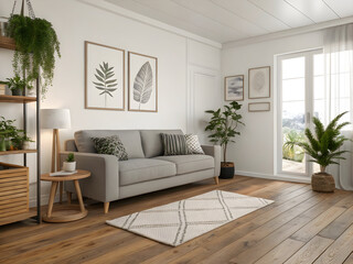 Fototapeta premium Modern living room interior design with gray sofa and wooden floors