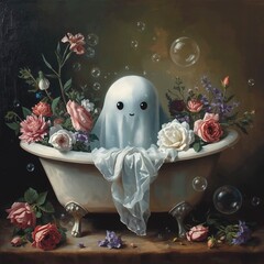 cute child ghost covered in a white cloth sitting in a vintage white bathtub filled with beautiful flowers and bubbles. The artwork is rendered in an artistic oil painting style with an AI-generated 
