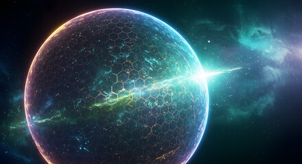 Obraz premium A mesmerizing image showcasing a stylized planet enveloped in a network of hexagonal patterns, radiating with vibrant hues and a celestial glow, set against the backdrop of a cosmic nebula and