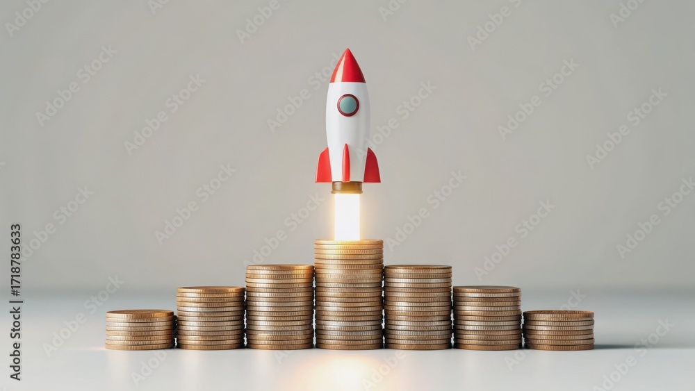 Aufkleber startup success execution competition goals concept. rocket launching from a stack of coins represen