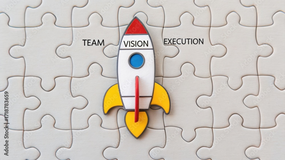Aufkleber startup success execution competition goals concept. puzzle with a rocket symbolizing teamwork and e