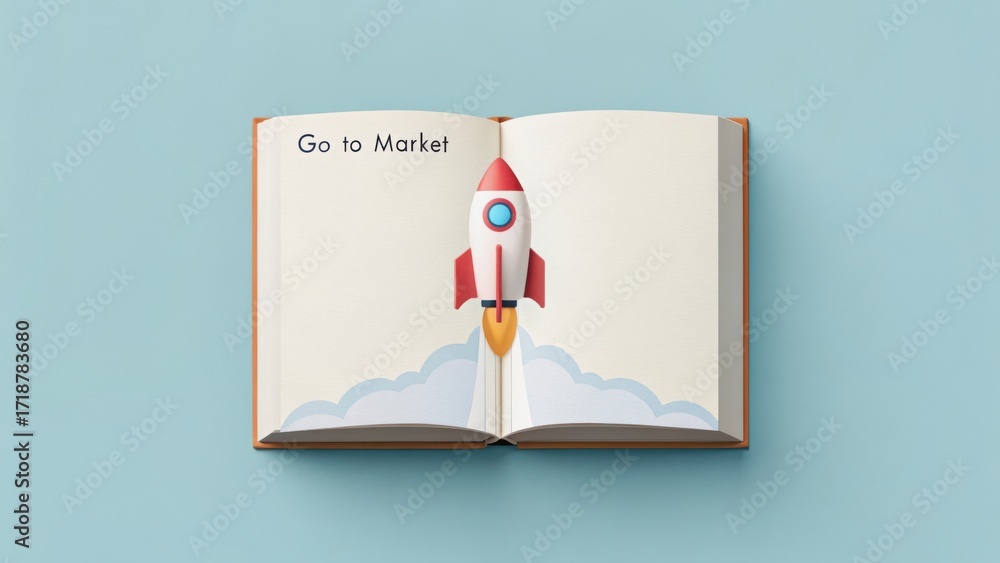 Poster startup success execution competition goals concept. open book with a rocket launching from its page