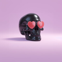 Black Skull wears pink heart shaped glasses. Minimal spooky girl concept for Halloween and Day of the Death theme