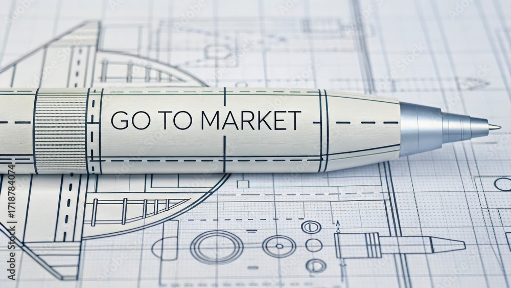 Poster startup success execution competition goals concept. pen and blueprint with 