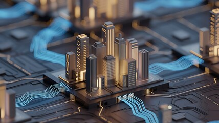 Futuristic cityscape with glowing blue energy streams flowing through intricate metallic structures and towering skyscrapers