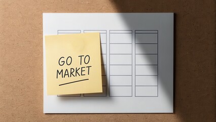 startup success execution competition goals concept. Sticky note reminder on a board with "GO TO MARKET" written on it.