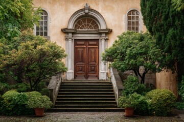 Fototapeta premium Limestone home entrance with a brown door framed by green hedges