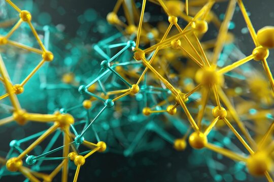 Abstract 3D rendering of interconnected spheres and rods in gold and teal, set against a blurred background