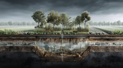 Conceptual illustration of Carbon Capture, Utilization, and Storage (CCUS) technology, depicting a cross-section of the earth with trees and fields above, and the process of capturing and storing