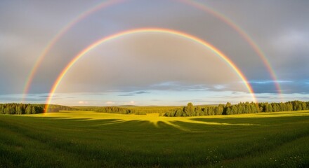 Fototapeta premium Double rainbow over green field landscape after rain