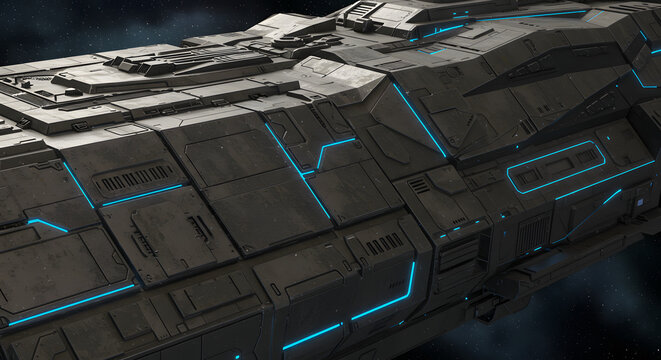 Detailed macro shot showing the imposing hull of a futuristic spacecraft, illuminated by bright blue accents against a dark starry background, conveying a sense of advanced technology and