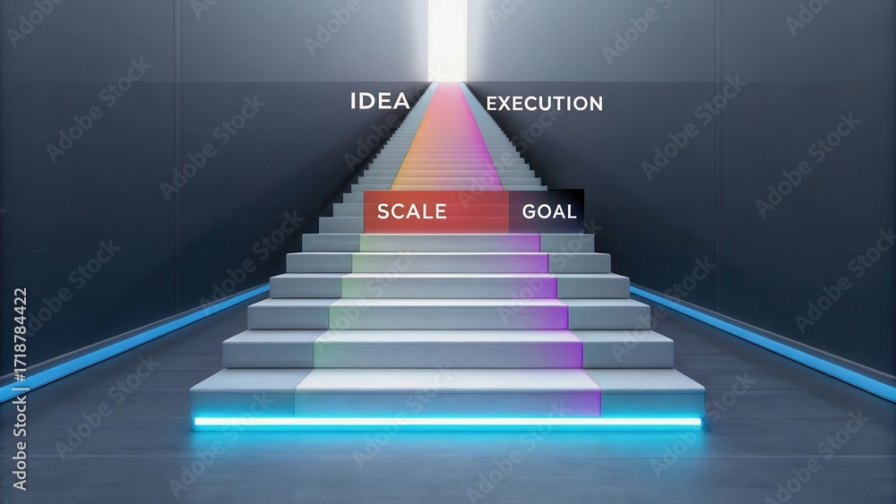 Aufkleber startup success execution competition goals concept. stairs symbolizing progress from idea to execut