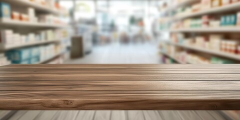 Wooden table in blurred drugstore with shelf and products for Product Display