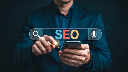 Man in a suit using a smartphone with an seo search bar overlay representing digital marketing and online optimization strategies