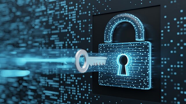 Digital padlock with a glowing key entering the lock against a background of binary code and circuit board patterns symbolizing cybersecurity and data protection